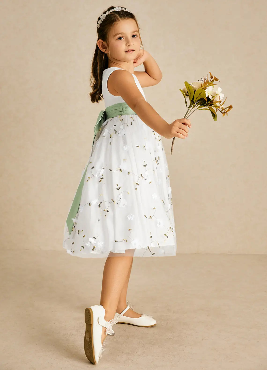 Floral A-Line Square Neck Sleeveless V-Back Midi-Length Formal Flower Girl Dress