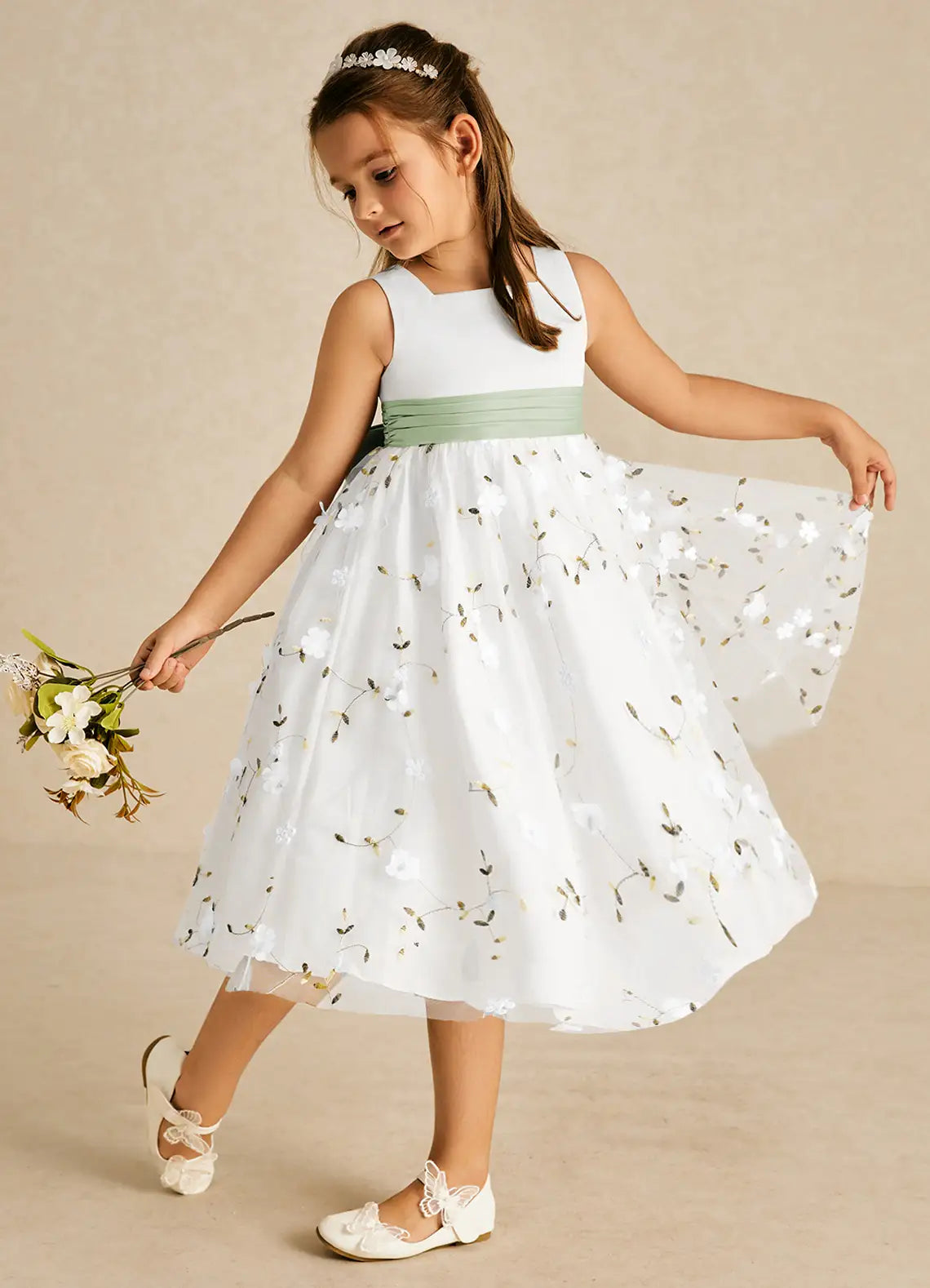 Floral A-Line Square Neck Sleeveless V-Back Midi-Length Formal Flower Girl Dress