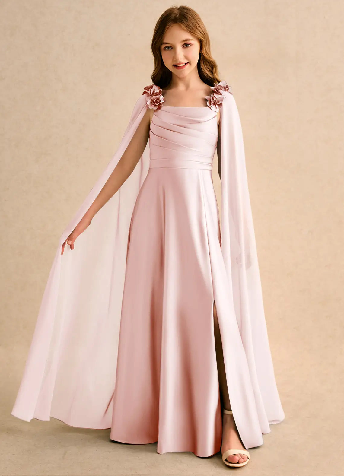 Floral Cape A-Line Square Neck Sleeveless V-Back Floor-Length Formal Flower Girl Dress