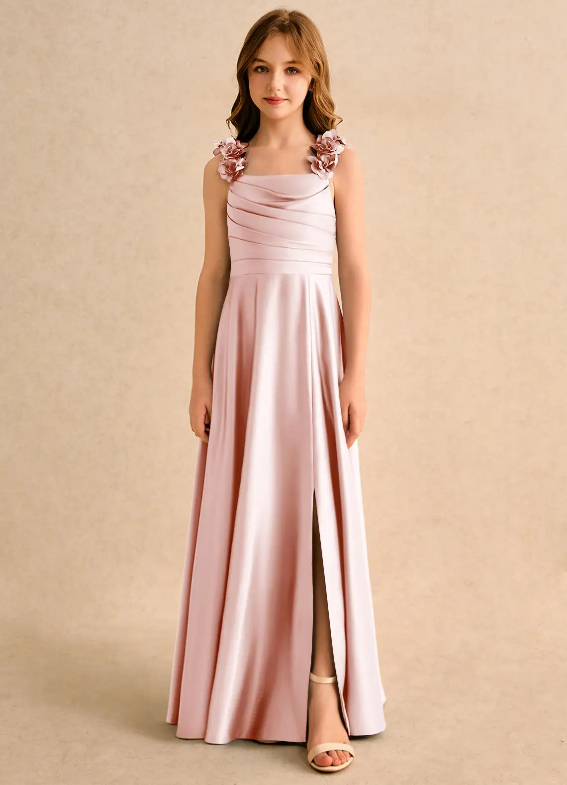 Floral Cape A-Line Square Neck Sleeveless V-Back Floor-Length Formal Flower Girl Dress