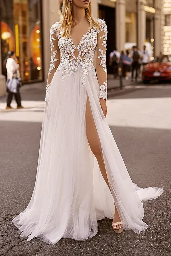 Floral Lace Long-Sleeve Plunging V-Neck A-Line Floor-Length Wedding Dress