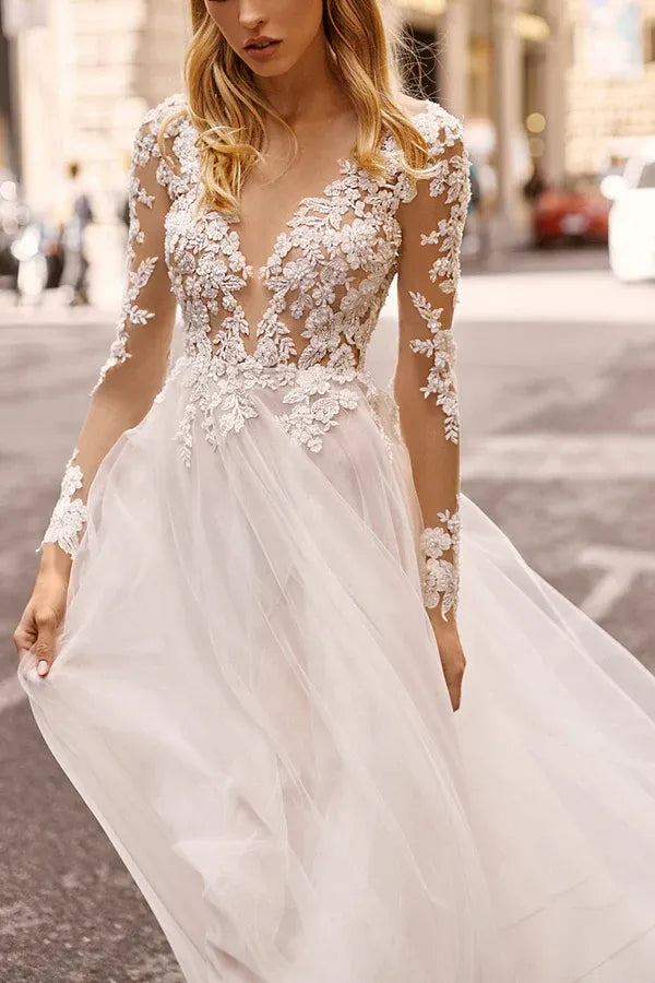 Floral Lace Long-Sleeve Plunging V-Neck A-Line Floor-Length Wedding Dress