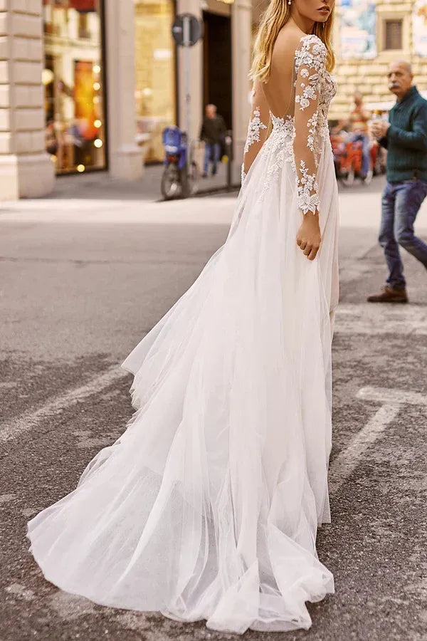 Floral Lace Long-Sleeve Plunging V-Neck A-Line Floor-Length Wedding Dress