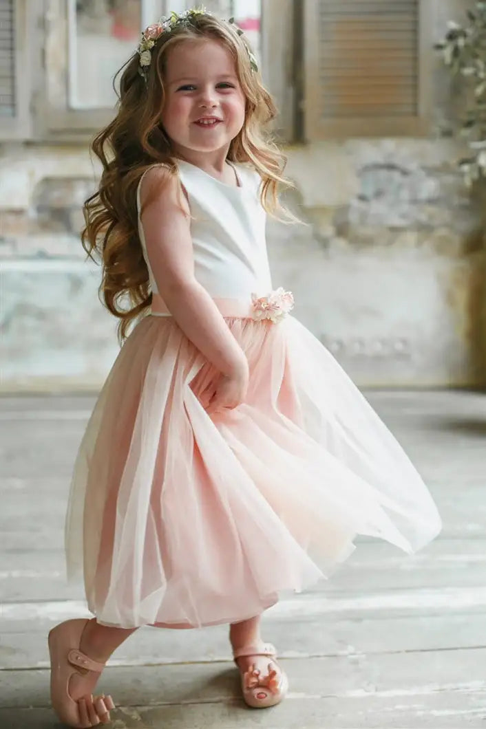 Flower Girl Dress A Line Round Neck Sleeveless Cute Chic with Floral Belt Girl Formal Dress Princess Dress