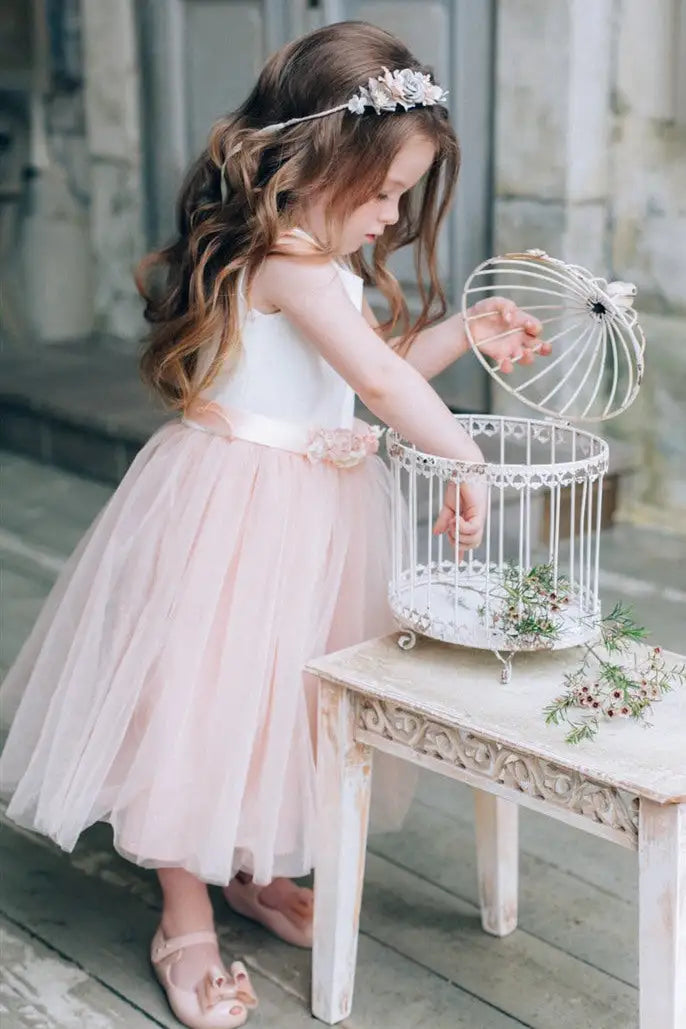 Flower Girl Dress A Line Round Neck Sleeveless Cute Chic with Floral Belt Girl Formal Dress Princess Dress