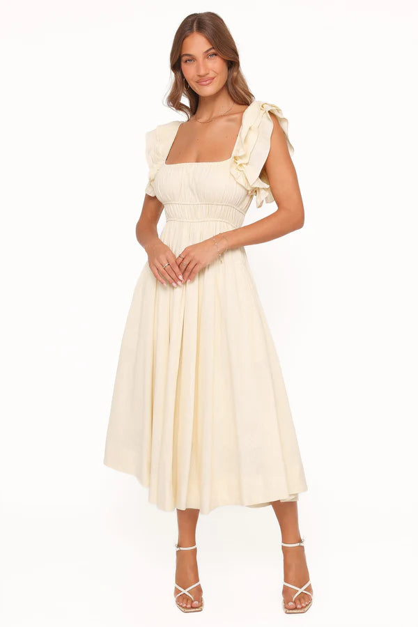 Flowy A-Line Square Neck Ruffle-Sleeve Open-Back Midi Wedding Guest Dress