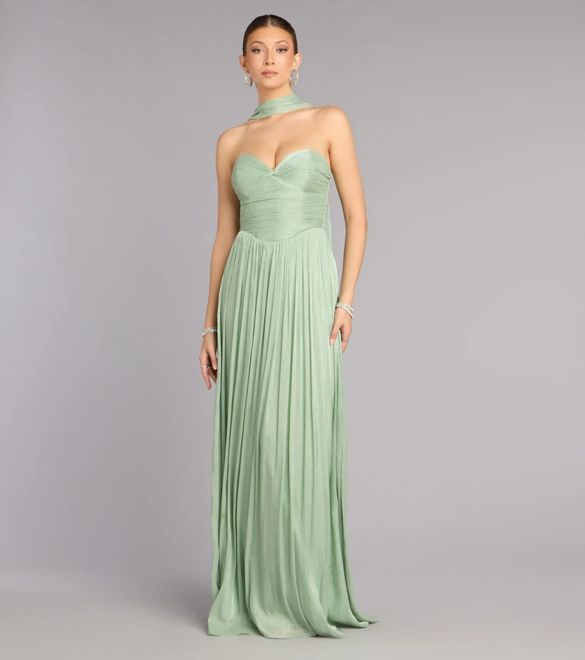 Flowy A-Line Strapless Sweetheart Tie-Back Pleated Chiffon Maxi Bridesmaid Dress