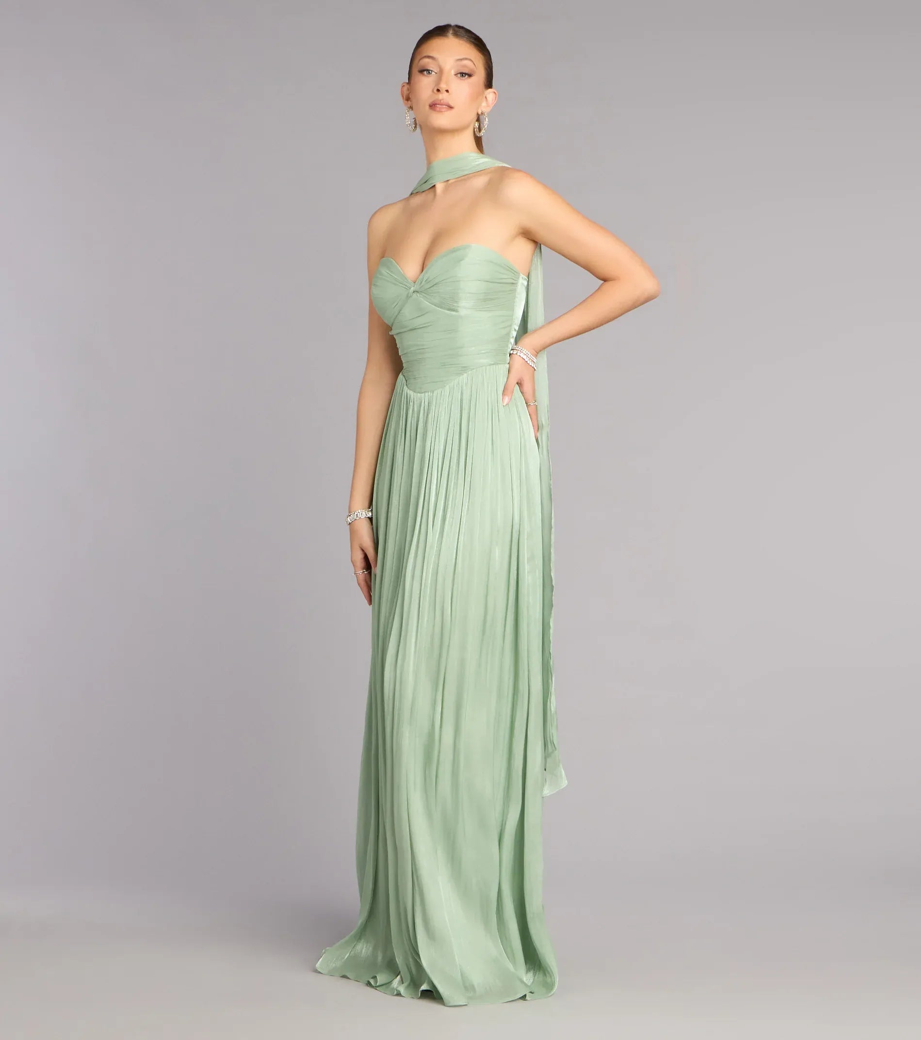 Flowy A-Line Strapless Sweetheart Tie-Back Pleated Chiffon Maxi Bridesmaid Dress