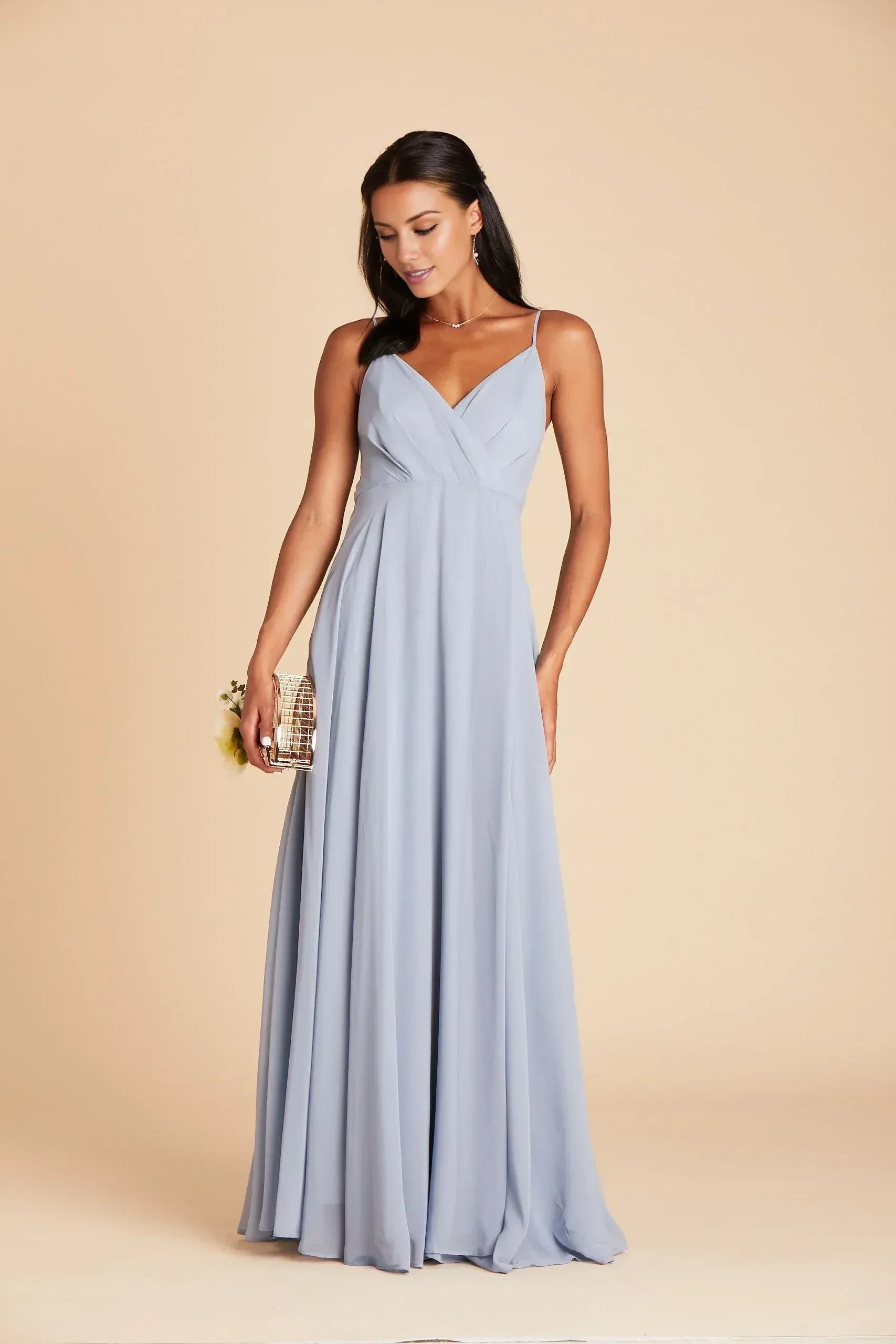 Flowy Empire V-Neck Spaghetti Strap Straight Back Maxi Wedding Bridesmaid Dress
