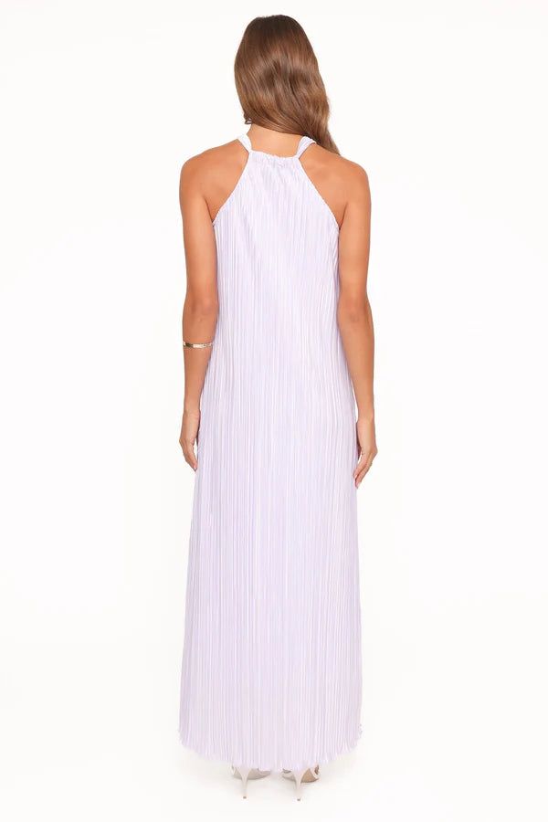 Flowy Floor-Length Halter Neck Sleeveless Open-Back Pleated Wedding Guest Dress