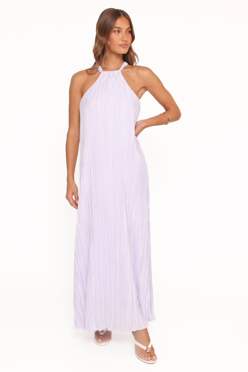 Flowy Floor-Length Halter Neck Sleeveless Open-Back Pleated Wedding Guest Dress