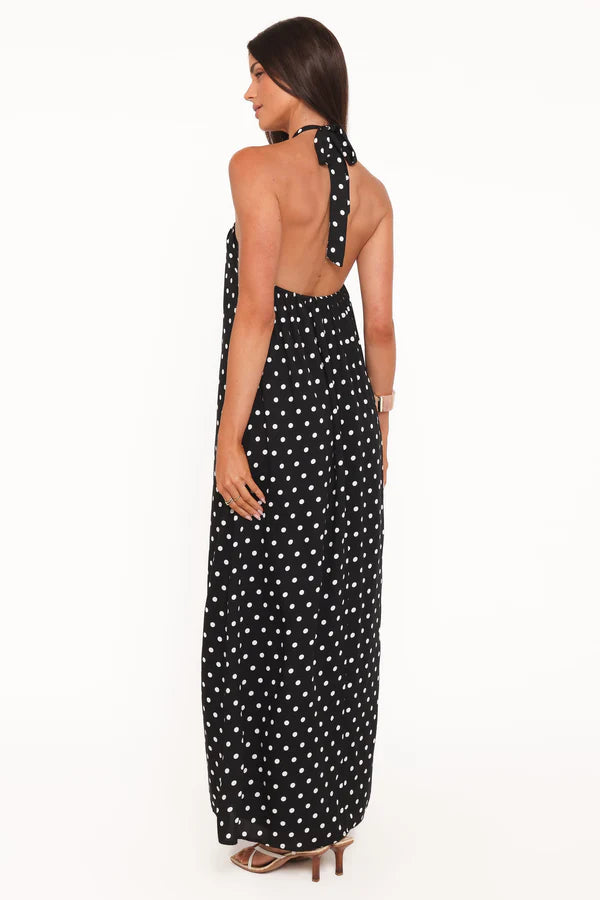 Flowy Floor-Length Halter Neck Sleeveless Open-Back Polka Dot Wedding Guest Dress