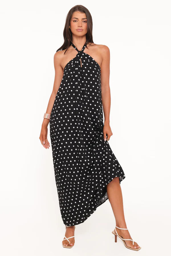 Flowy Floor-Length Halter Neck Sleeveless Open-Back Polka Dot Wedding Guest Dress