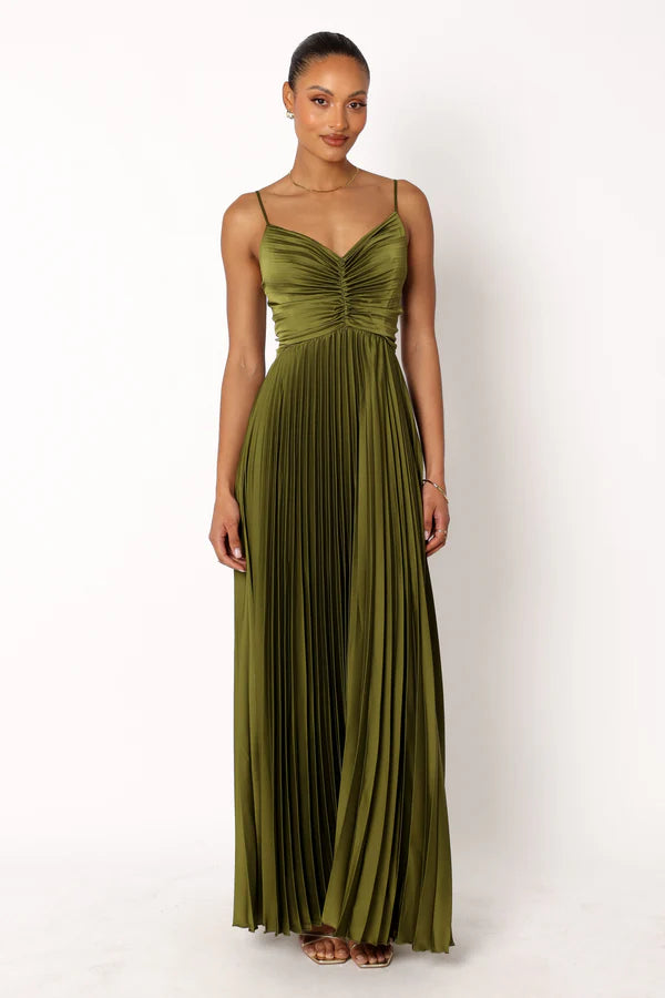 Flowy Floor-Length Sweetheart Spaghetti Strap Low-Back Pleated Wedding Guest Dress
