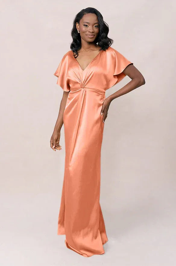 Flowy Mermaid V-Neck Flutter Sleeve Scoop-Back Floor Bridesmaid Dress