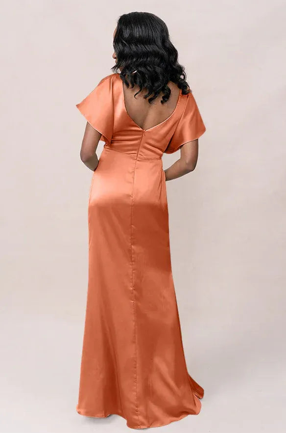 Flowy Mermaid V-Neck Flutter Sleeve Scoop-Back Floor Bridesmaid Dress