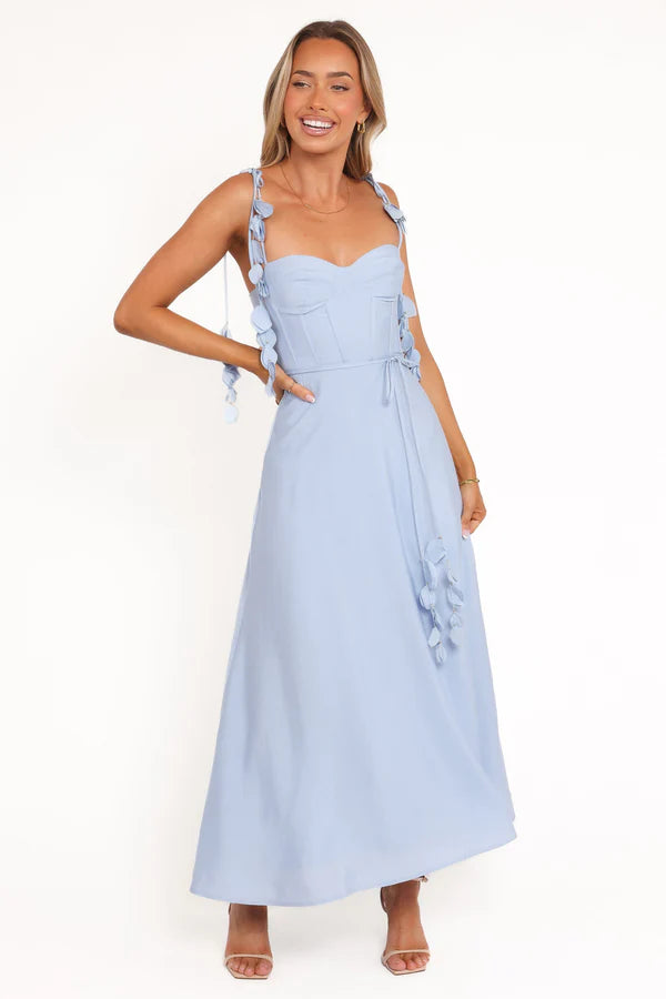 Flowy Midi Sweetheart Floral-Strap Corset-Back Wedding Guest Dress