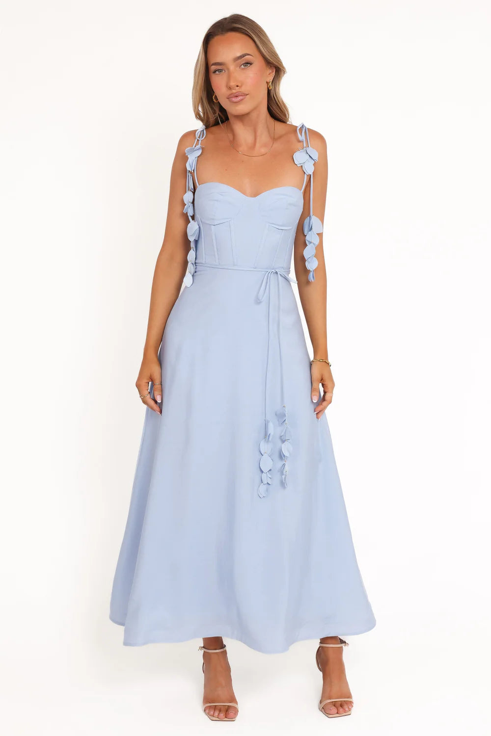 Flowy Midi Sweetheart Floral-Strap Corset-Back Wedding Guest Dress