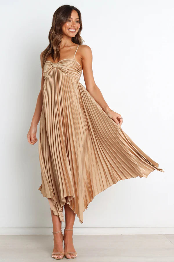 Flowy Midi Sweetheart Spaghetti Strap Smocked-Back Asymmetrical Wedding Guest Dress
