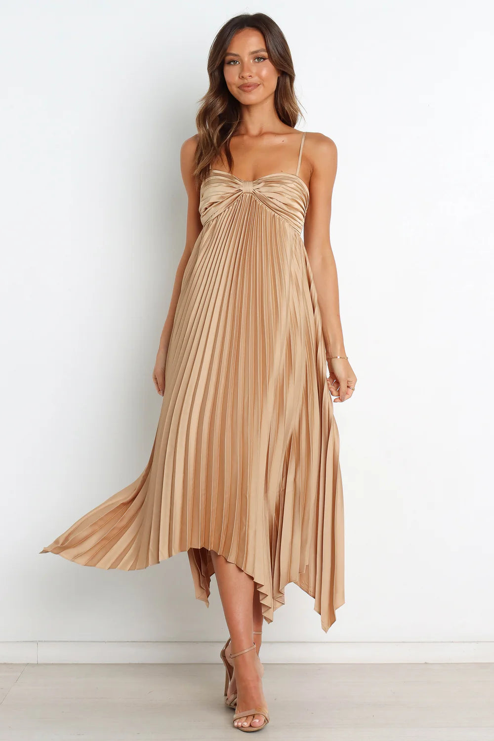 Flowy Midi Sweetheart Spaghetti Strap Smocked-Back Asymmetrical Wedding Guest Dress