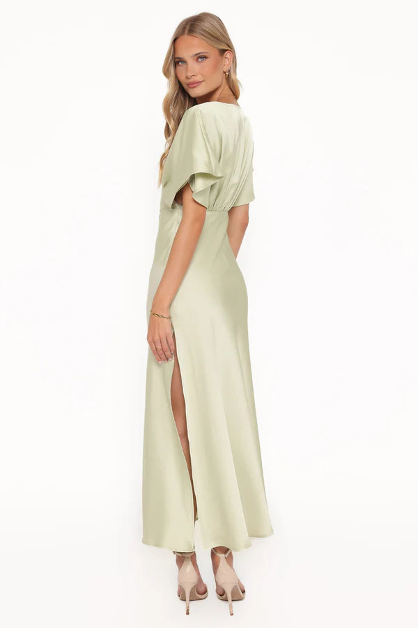 Flowy Midi V-Neck Dolman Sleeve Open-Back Slit Wedding Guest Dress