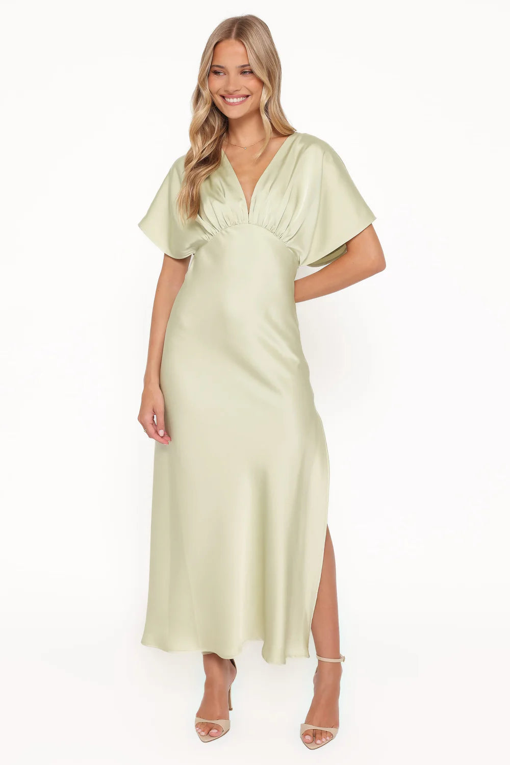 Flowy Midi V-Neck Dolman Sleeve Open-Back Slit Wedding Guest Dress