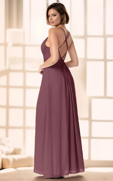 Flowy A-Line Chiffon Maxi Bridesmaid Dress Elegant Simple Split Front Cross Back Floor Length Ruched Formal Dress