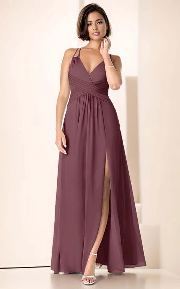 Flowy A-Line Chiffon Maxi Bridesmaid Dress Elegant Simple Split Front Cross Back Floor Length Ruched Formal Dress