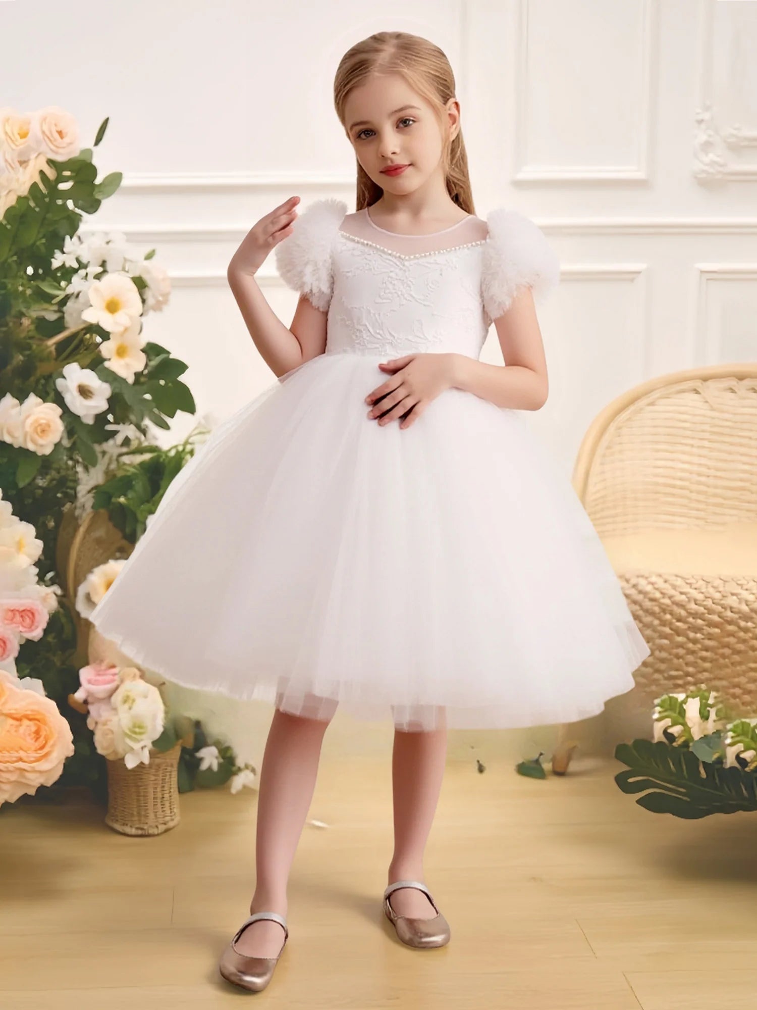 Fluffy Feather Cap Sleeve Round V Back Satin Waist Bow Lace White Tulle Short Flower Girl Dresses