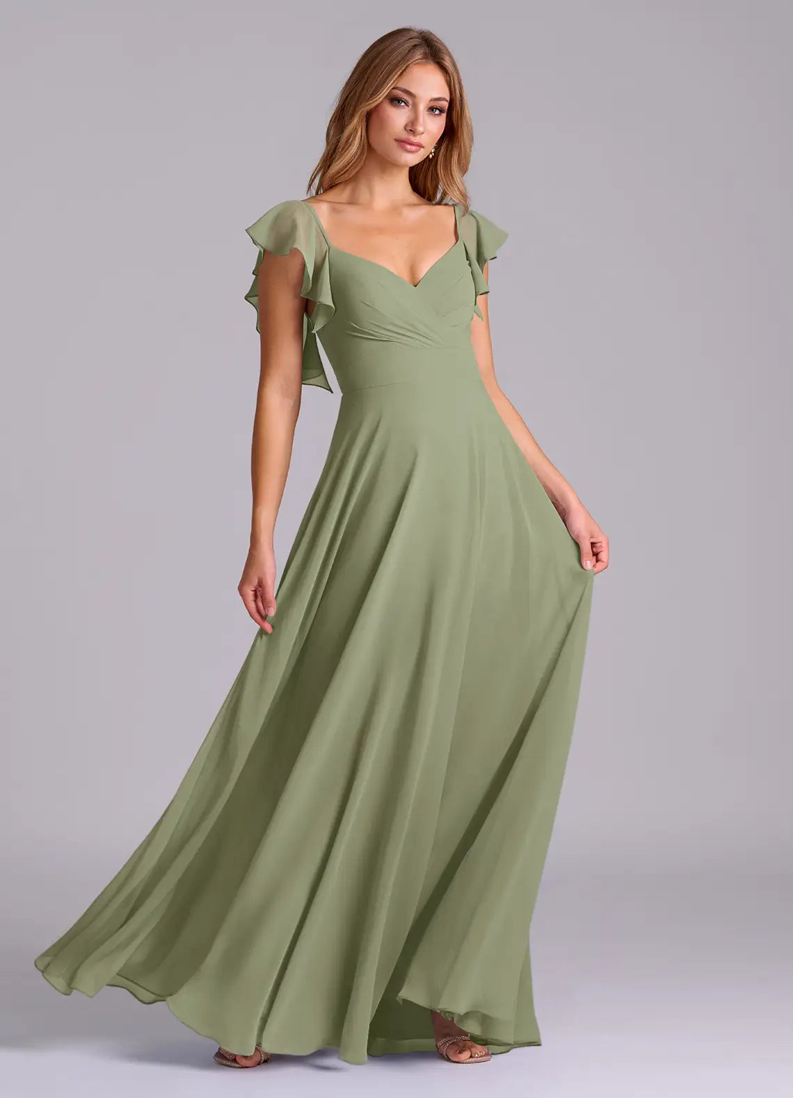 Flutter Sleeve Chiffon Sweetheart Floor-Length Bridesmaid Dress