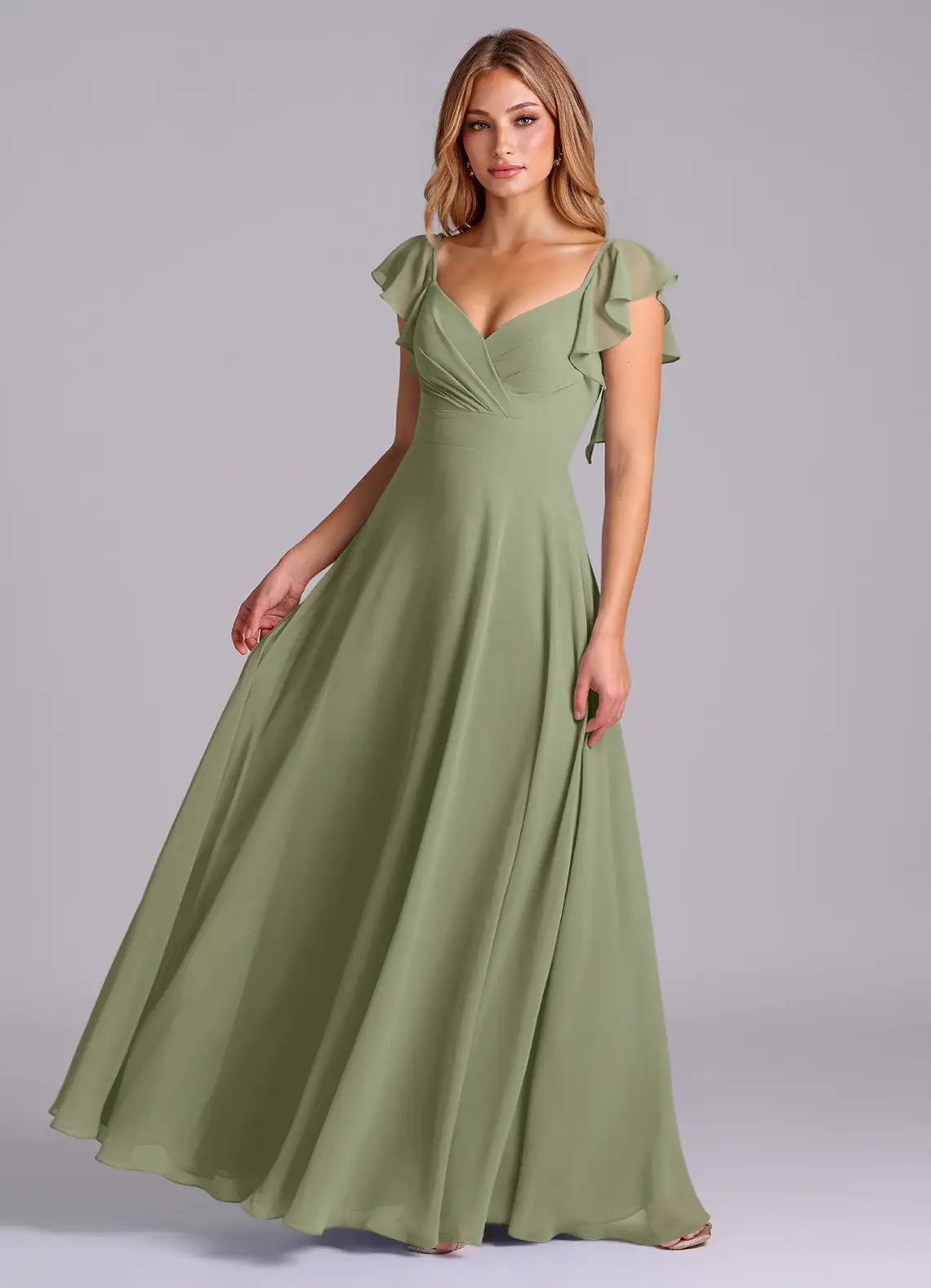 Flutter Sleeve Chiffon Sweetheart Floor-Length Bridesmaid Dress
