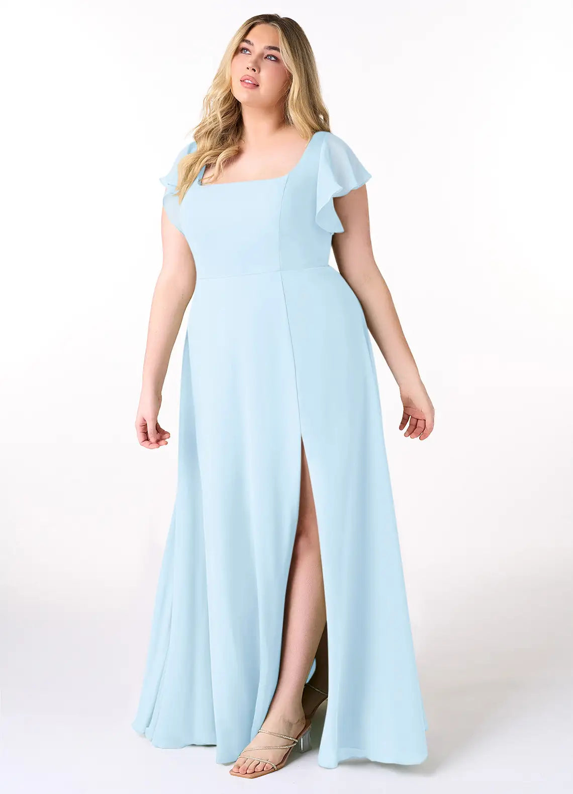 Flutter Sleeve Square Neck Slit Floor-Length Bridesmaid Dress