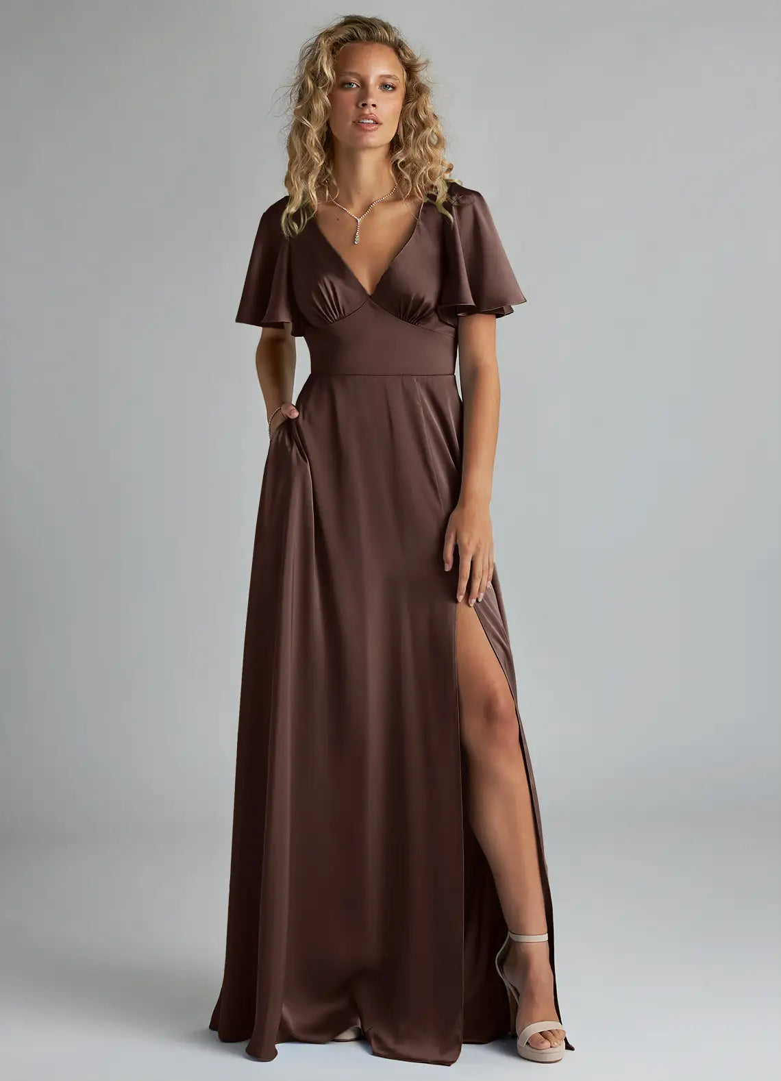 Flutter Sleeve Tie-Back Slit Floor-Length Satin Bridesmaid Dress