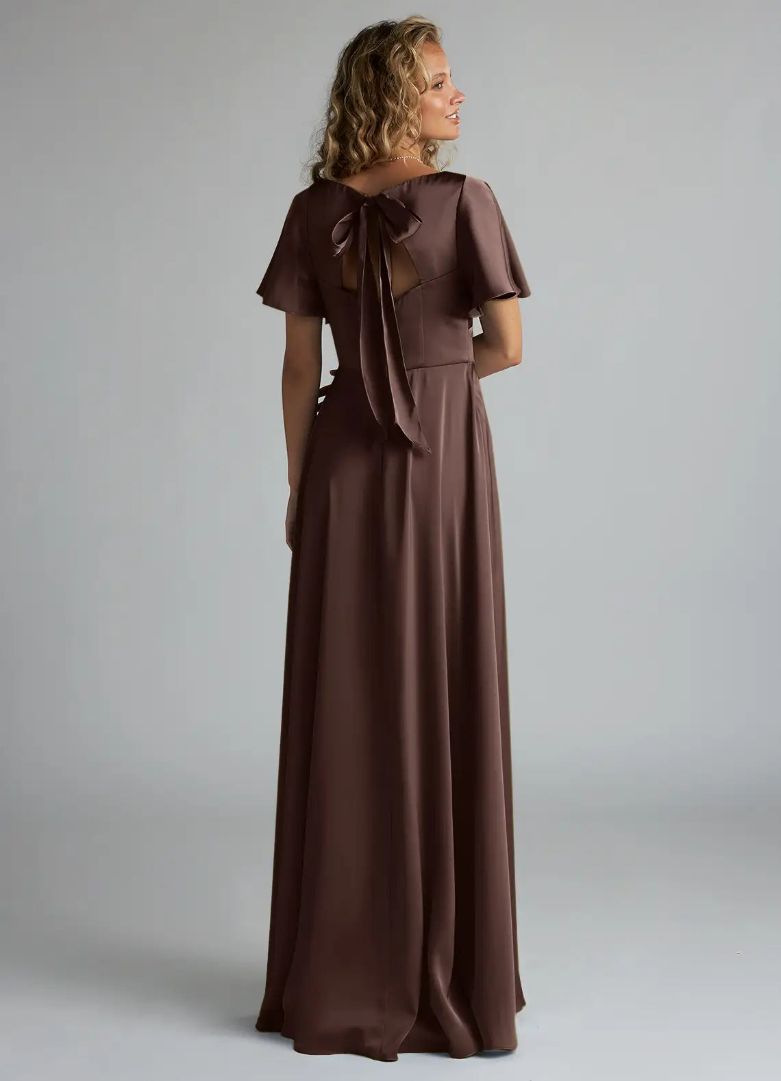 Flutter Sleeve Tie-Back Slit Floor-Length Satin Bridesmaid Dress
