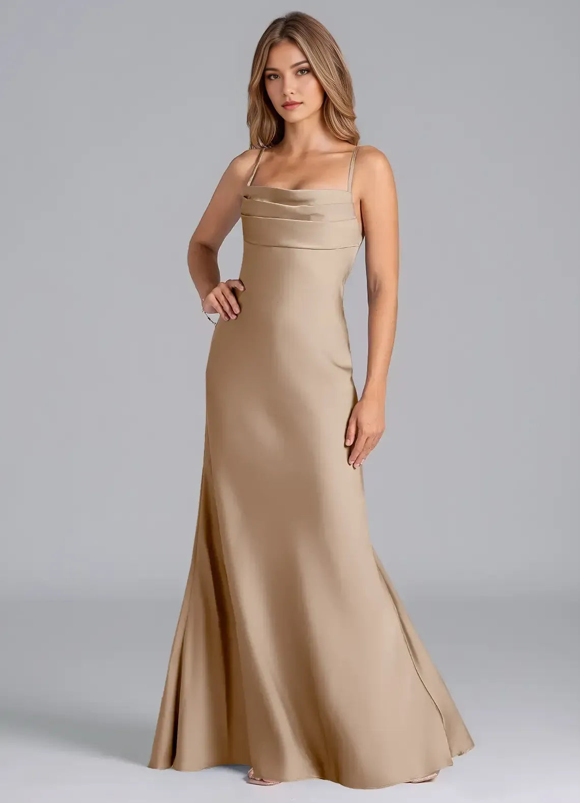 Fold Boat Neck Spaghetti Strap Cross Tie Open Back Mermaid Satin Long Bridesmaid Dress