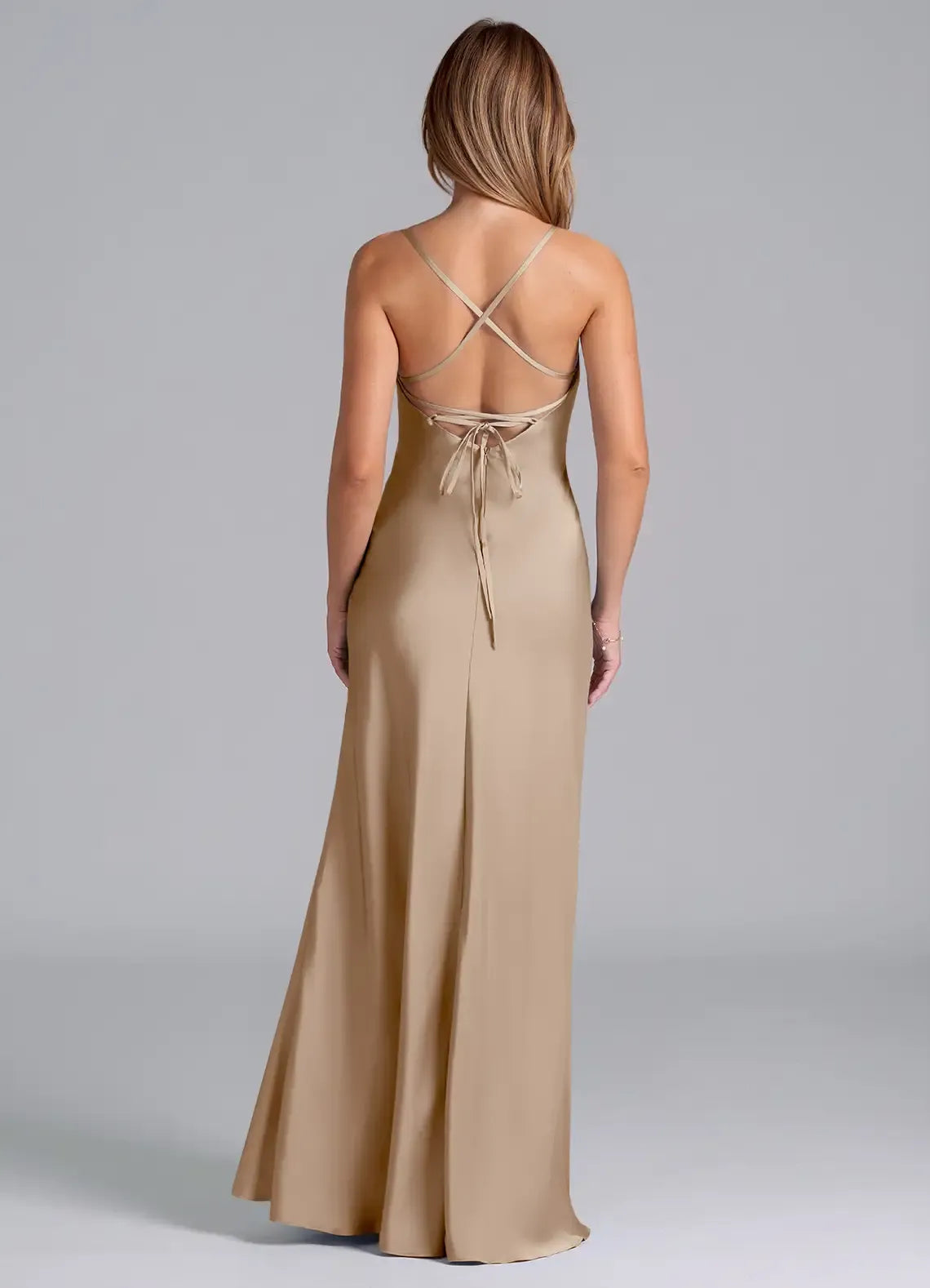 Fold Boat Neck Spaghetti Strap Cross Tie Open Back Mermaid Satin Long Bridesmaid Dress