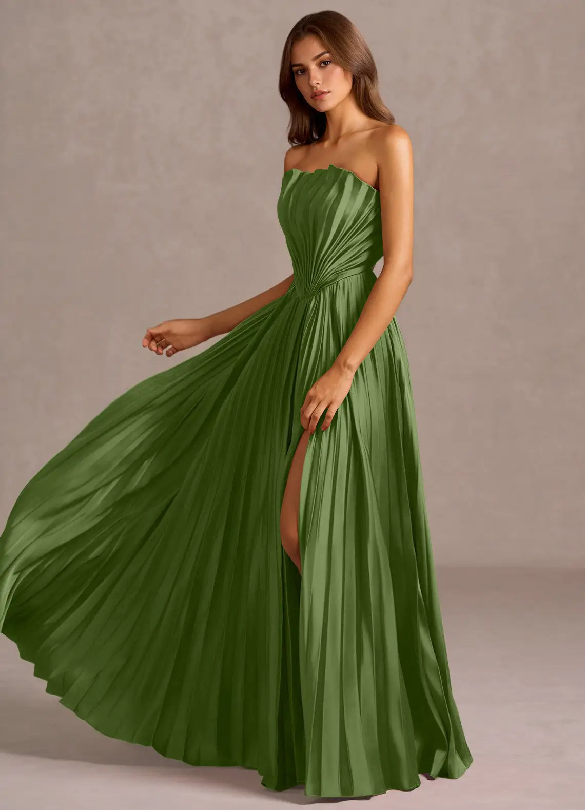 Forest Green Strapless Fan Pleated Cutout Back High Slit Satin Maxi Bridesmaid Dress