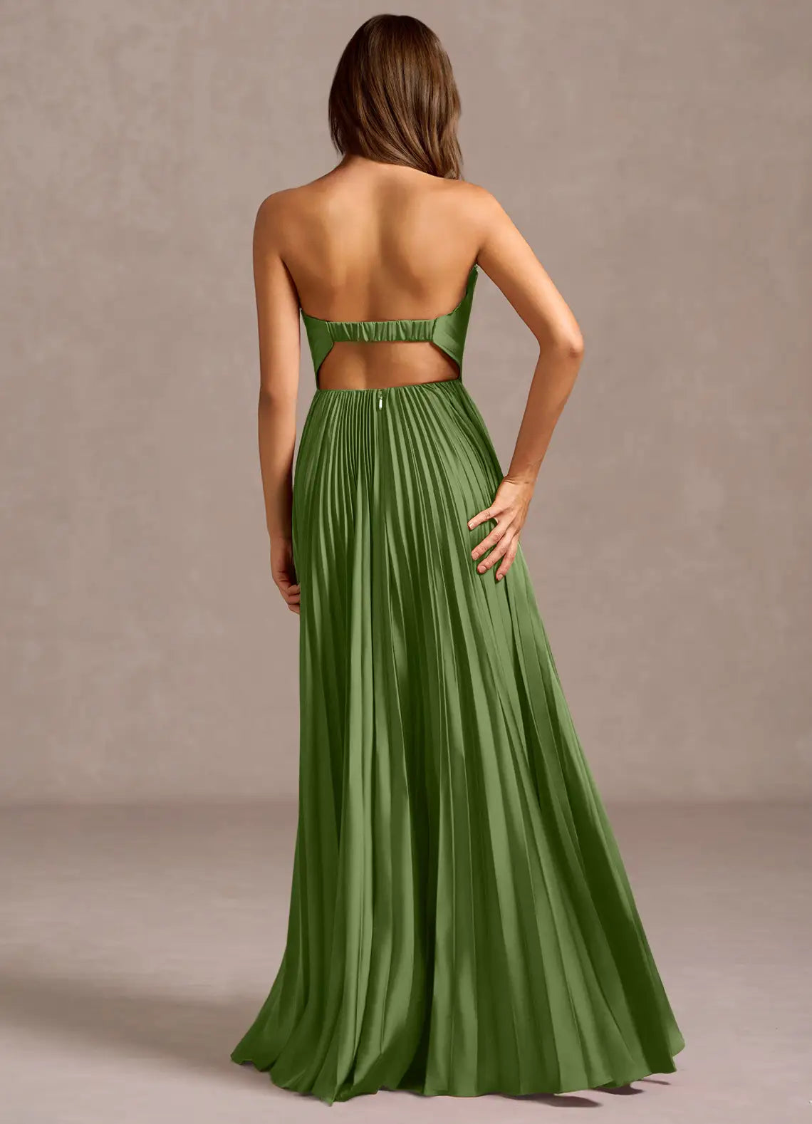 Forest Green Strapless Fan Pleated Cutout Back High Slit Satin Maxi Bridesmaid Dress