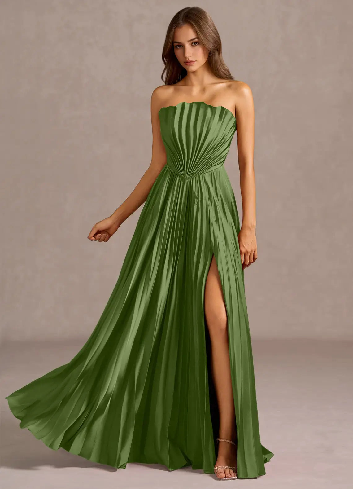 Forest Green Strapless Fan Pleated Cutout Back High Slit Satin Maxi Bridesmaid Dress