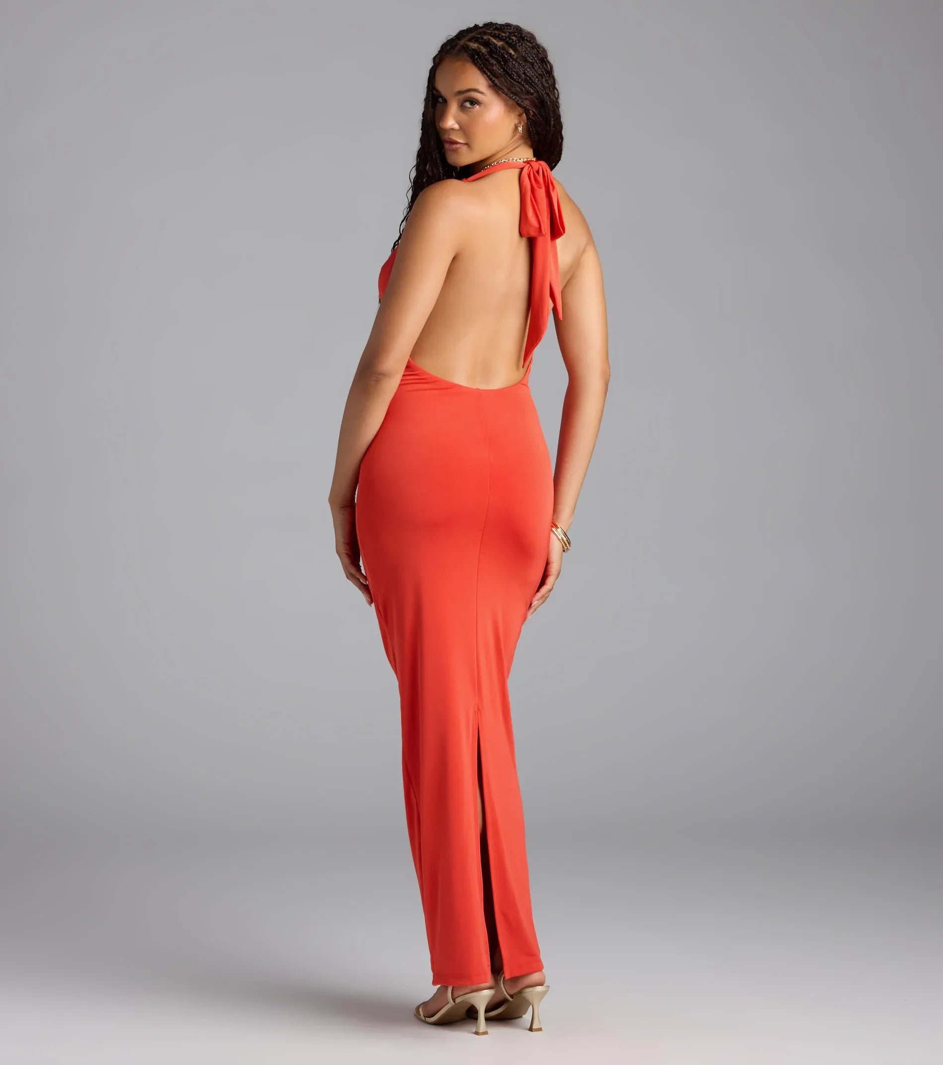 Form-Fitting Column Cowl Halter Sleeveless Tie-Back Slit Maxi Wedding Guest Dress