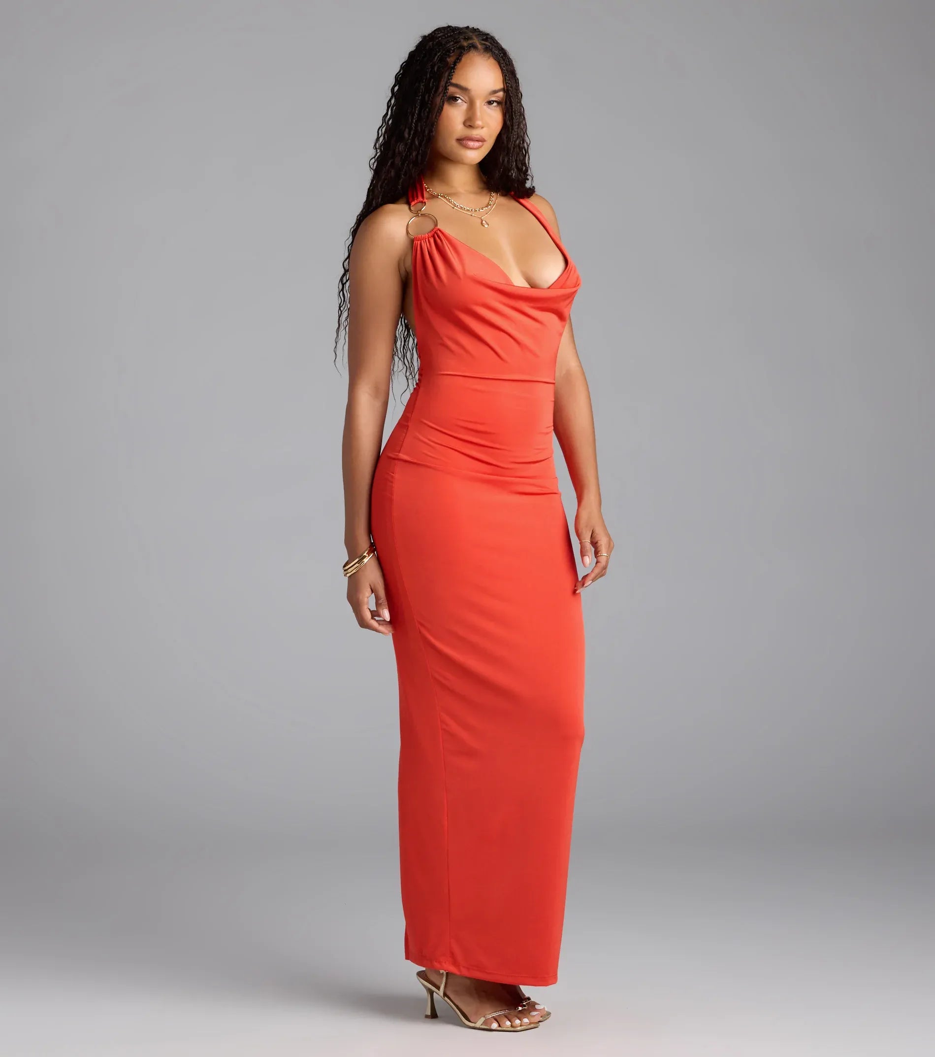 Form-Fitting Column Cowl Halter Sleeveless Tie-Back Slit Maxi Wedding Guest Dress