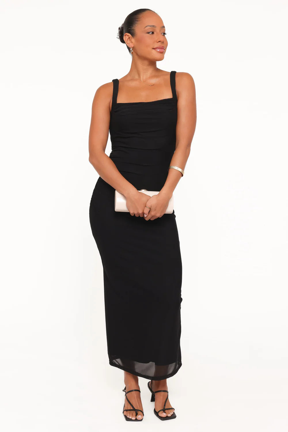 Form-Fitting Maxi Square-Neck Ruched Spaghetti-Strap Wedding Guest Dress