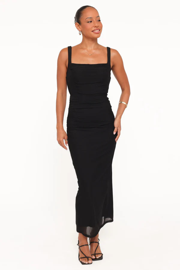 Form-Fitting Maxi Square-Neck Ruched Spaghetti-Strap Wedding Guest Dress