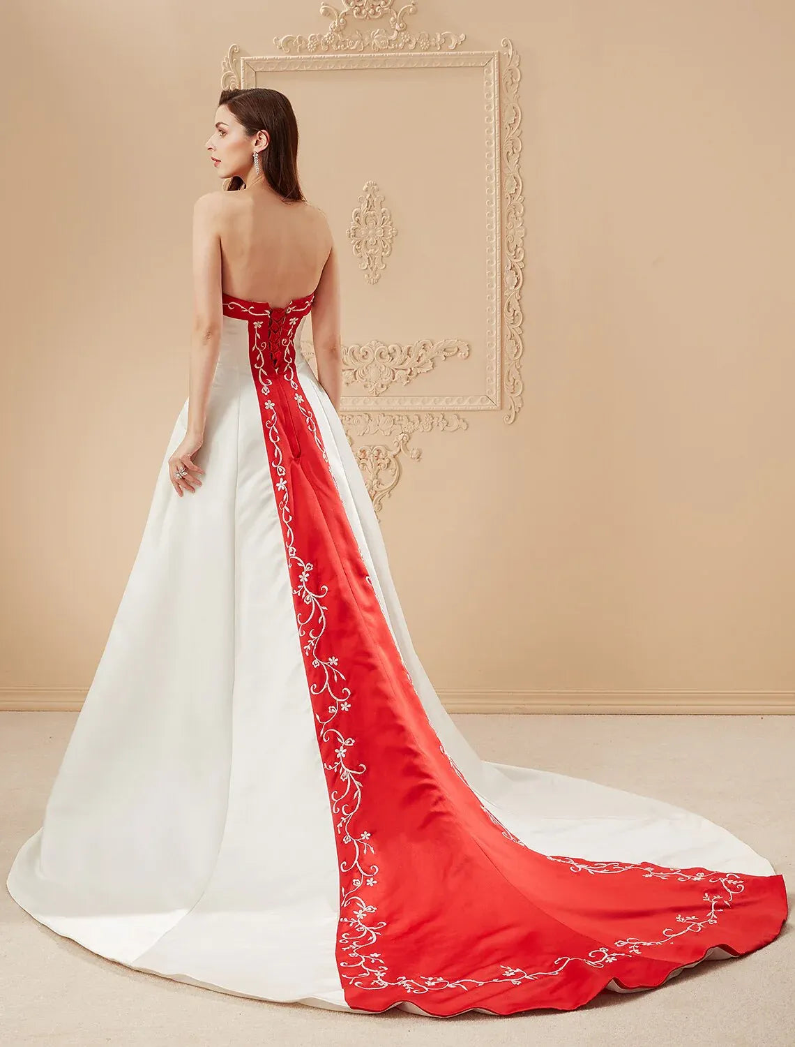 Fresh A-Line Strapless Red Embroidery Satin Cathedral Train Wedding Dress