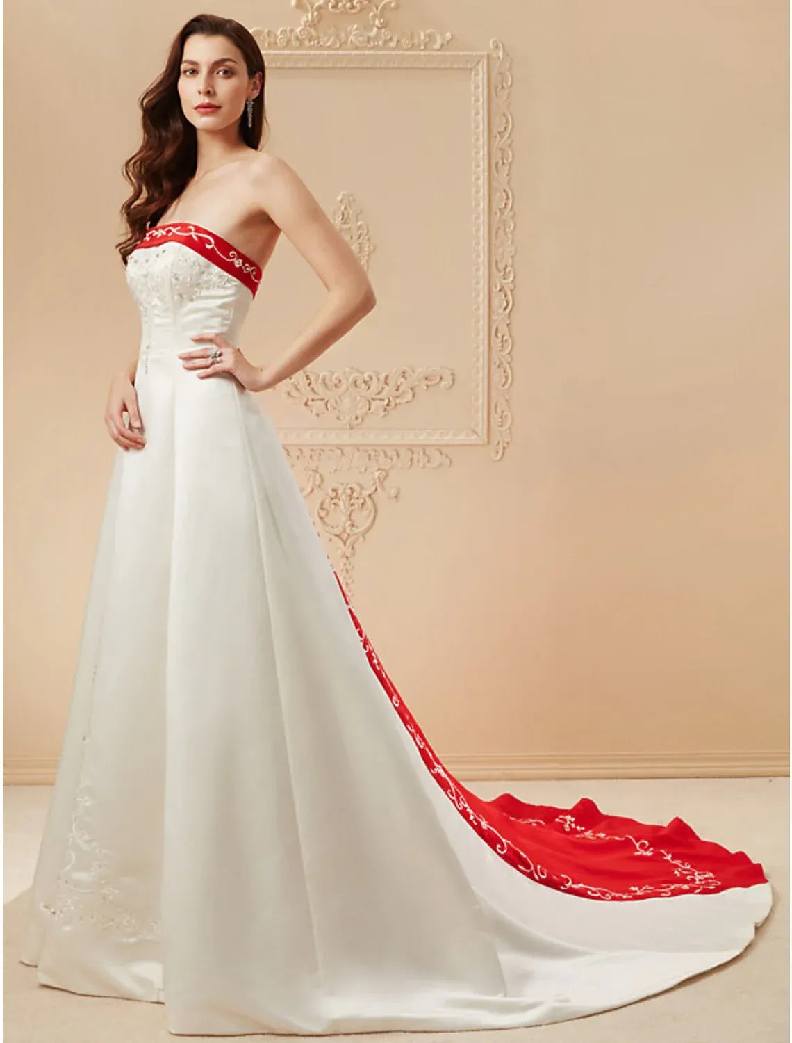 Fresh A-Line Strapless Red Embroidery Satin Cathedral Train Wedding Dress