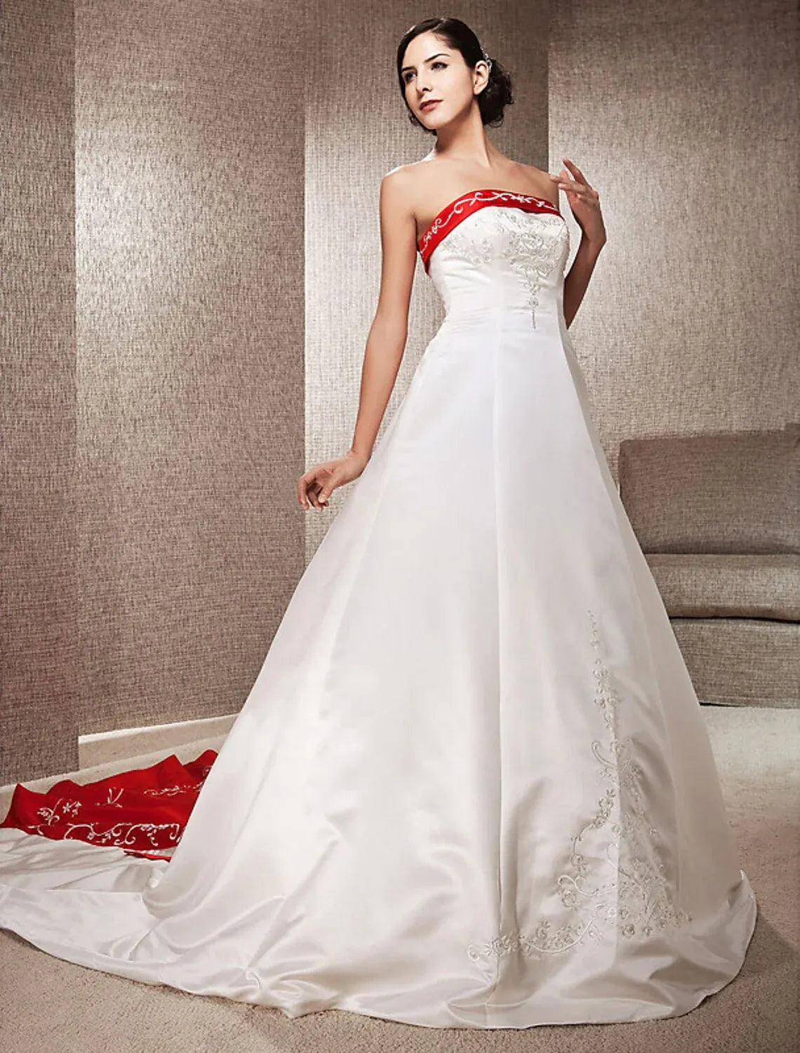 Fresh A-Line Strapless Red Embroidery Satin Cathedral Train Wedding Dress