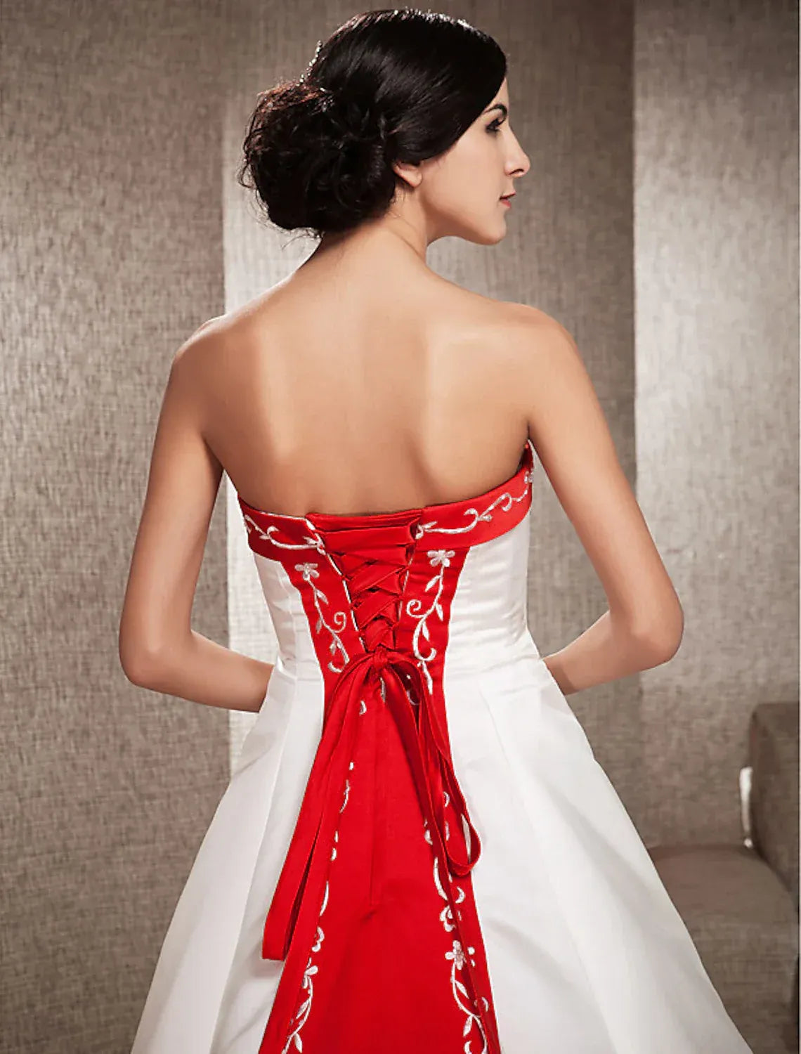 Fresh A-Line Strapless Red Embroidery Satin Cathedral Train Wedding Dress