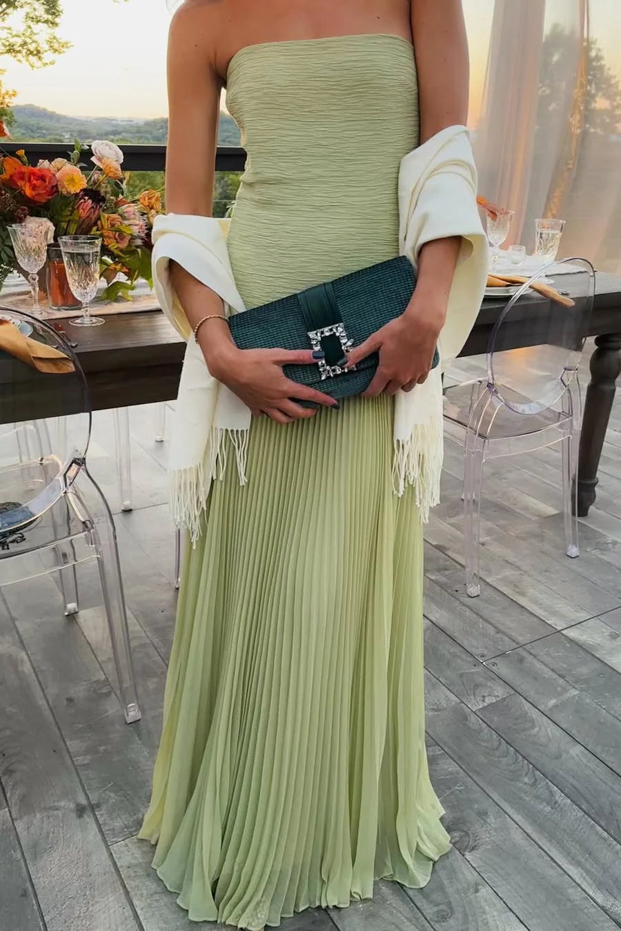 Fresh Floor-Length Strapless Pleated Textured Wedding Guest Dress