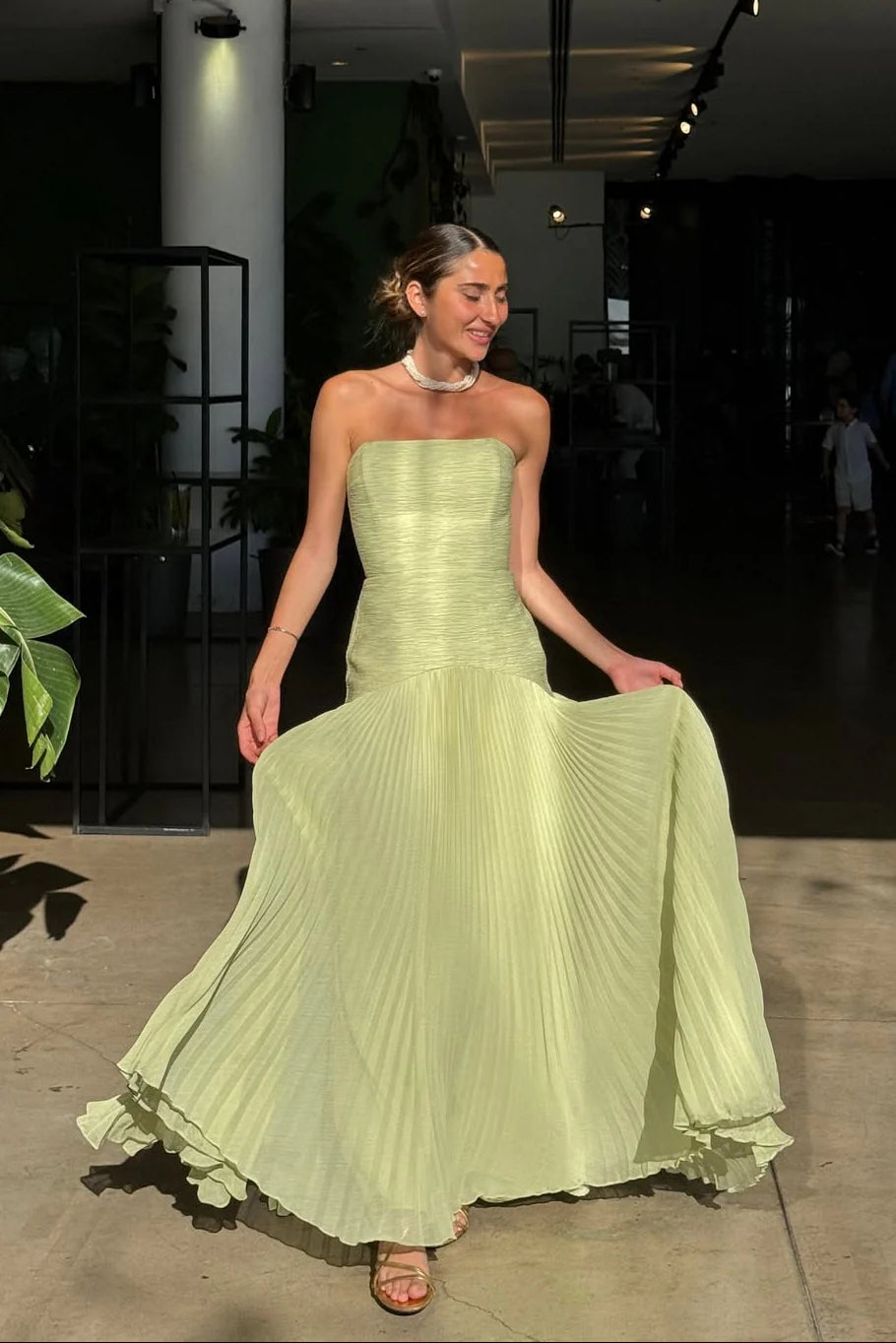 Fresh Floor-Length Strapless Pleated Textured Wedding Guest Dress