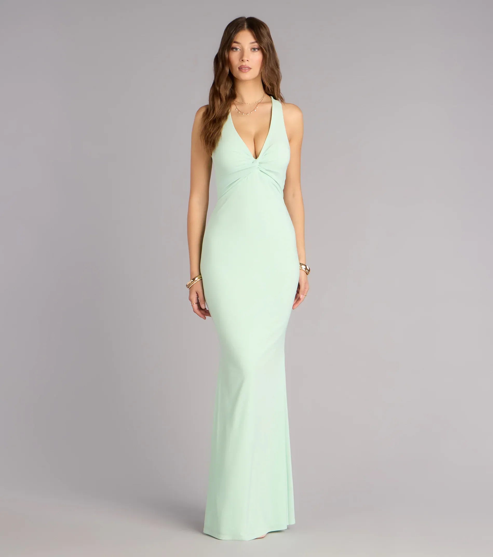 Fresh Mermaid V-Neck Sleeveless Cross-Tie-Back Maxi Wedding Guest Dress